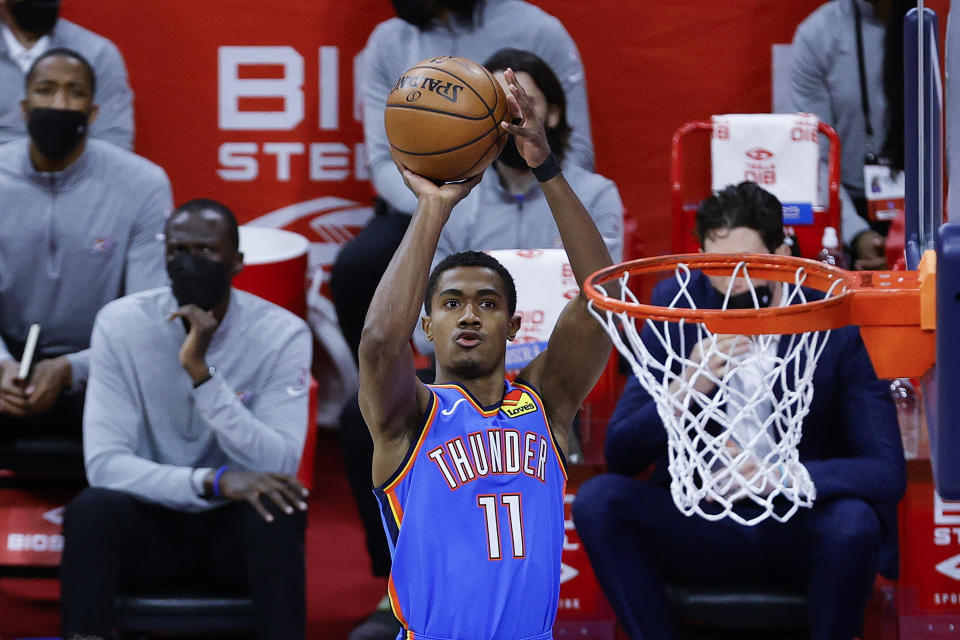 PHILADELPHIA, PENNSYLVANIA - APRIL 26: Theo Maledon #11 of the Oklahoma City Thunder shoots during the first quarter against the Philadelphia 76ers at Wells Fargo Center on April 26, 2021 in Philadelphia, Pennsylvania. NOTE TO USER: User expressly acknowledges and agrees that, by downloading and or using this photograph, User is consenting to the terms and conditions of the Getty Images License Agreement. 