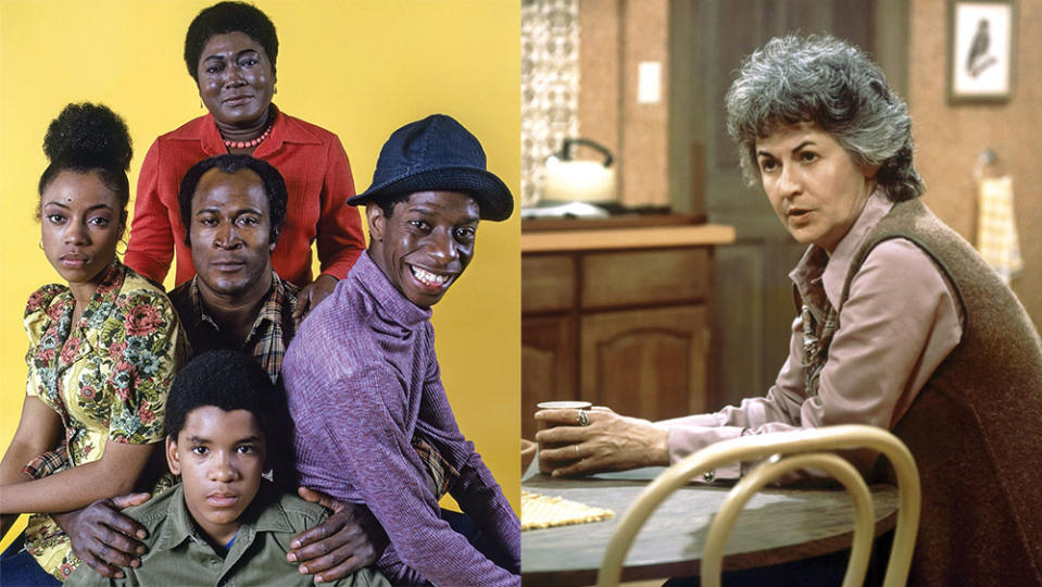 (Left to Right) The cast of Good Times, which ran for six seasons in the 1970s and Bea Arthur starred as the titular character in the 1972-78 sitcom Maude. Of all of Lear’s characters, he says she resembles him the most.