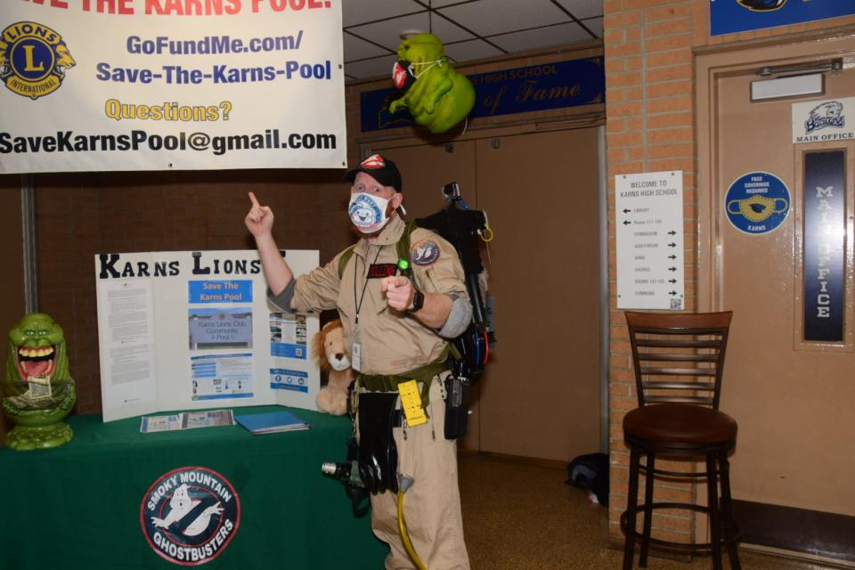 Joshua Bolling, president of Karns Lions Club, channels his inner Ghostbuster collecting funds for repairs to the Karns Pool at the third annual Karns Community Bazaar at Karns High School on April 24, 2021.