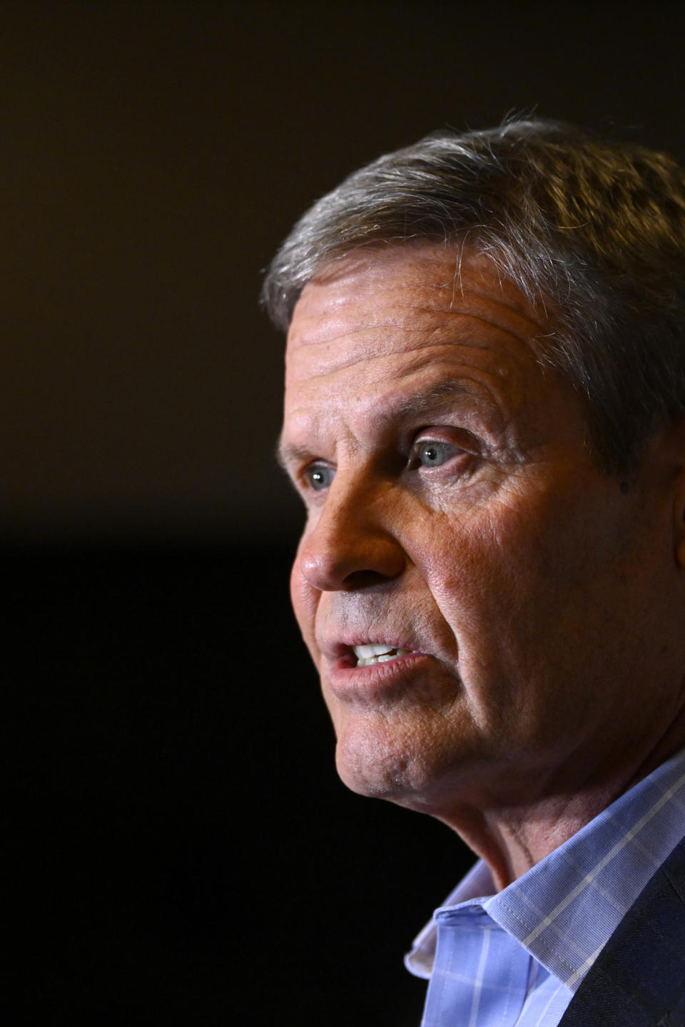 Tennessee Governor Bill Lee speaks to media after a news conference at RCA Records where he unveiled new legislation designed to protect songwriters, performers and other music industry professionals against the potential dangers of artificial intelligence, Wednesday, Jan. 10, 2024, in Nashville, Tenn. (AP Photo/John Amis)
