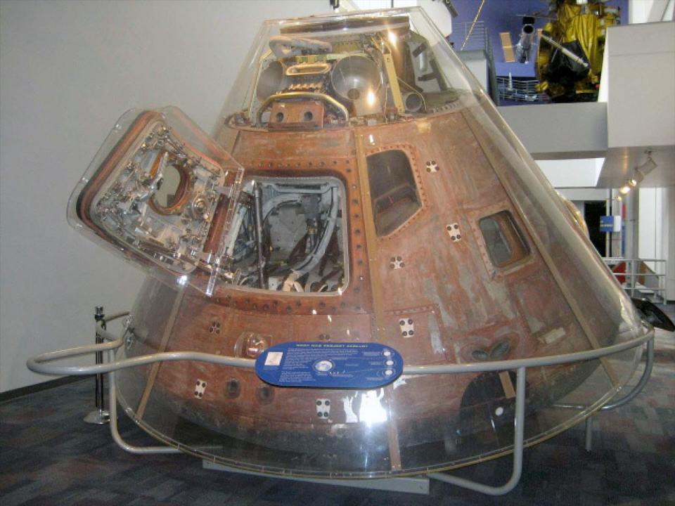 Apollo-Soyuz Test Project command module in its original Plexiglas case at the California Science Center in Los Angeles. <cite>California Science Center/Perry Roth-Johnson</cite>