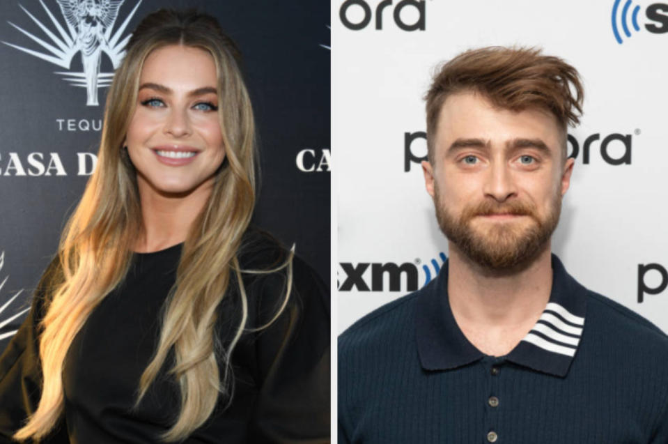 Left: Julianne Hough poses at Brian Bowen Smith's Drivebys Book Launch And Gallery Viewing on October 21, 2021, right: Daniel Radcliffe at SiriusXM Studios in August 2021