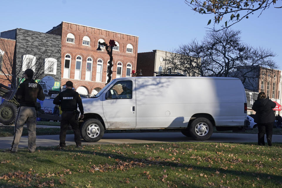 A van leaves the Carroll County courthouse with Richard Matthew Allen, following a hearing, Tuesday, Nov. 22, 2022, in Delphi, Ind. Allen was charged last month with two counts of murder in the killings of Liberty German, 14, and Abigail Williams, 13. (AP Photo/Darron Cummings)
