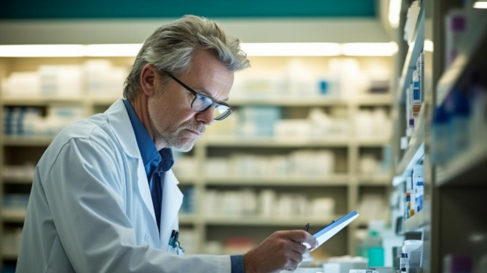 A pharmacist in a pharmacy preparing a prescription medication for a patient suffering from Fibromyalgia.