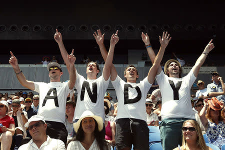 Supporters of Britain's Andy Murray cheer during his first round match against Germany's Alexander Zverev at the Australian Open tennis tournament at Melbourne Park, Australia, January 19, 2016. REUTERS/Jason Reed