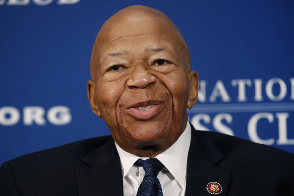 FILE - In this Aug. 7, 2019, file photo, Rep. Elijah Cummings, D-Md., speaks during a luncheon at the National Press Club in Washington. U.S. Rep. Cummings has died from complications of longtime health challenges, his office said in a statement on Oct. 17, 2019. (AP Photo/Patrick Semansky, File)