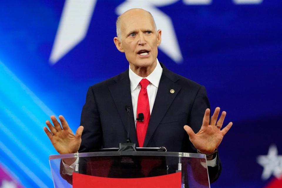 Sen. Rick Scott, R-Fla., speaks at the Conservative Political Action Conference (CPAC) Saturday, Feb. 26, 2022, in Orlando, Fla.