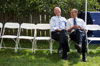 <p>“The President and Vice President share a laugh before a campaign rally together in Portsmouth, N.H. on September 7, 2012.” (Pete Souza/The White House) </p>