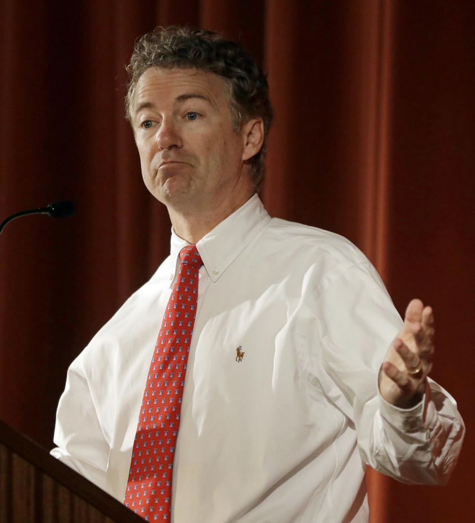 U.S. Sen. Rand Paul, R-Ky., speaks before the Berkeley Forum, Wednesday, March 19, 2014, in Berkeley, Calif. (AP Photo/Ben Margot)