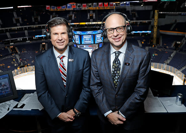 NASHVILLE, TN - DECEMBER 22: Los Angeles Kings announcers Jim Fox and Ralph Strangis prior to an NHL game against the Nashville Predators at Bridgestone Arena on December 22, 2016 in Nashville, Tennessee. (Photo by John Russell/NHLI via Getty Images)