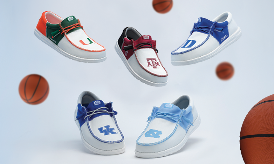 The latest additions to the HEYDUDE Collegiate Collection include these iterations of the popular Wally men’s slip-on sneakers.