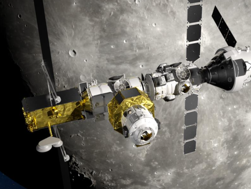 Conceptual image of the planned Lunar Gateway space station around the Moon. 