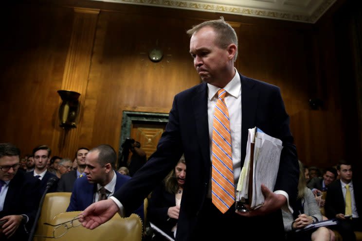 Office of Management and Budget Director Mick Mulvaney arrives at a Senate Budget Committee hearing on May 25. (Reuters/Yuri Gripas)