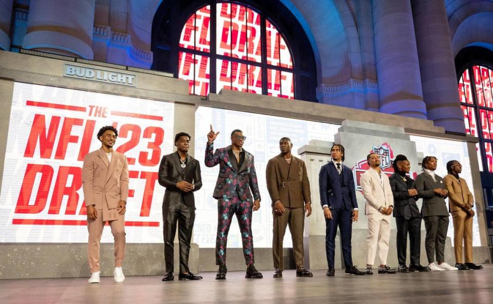Top prospects in the NFL Draft are introduced before the NFL Draft outside of Union Station on Thursday, April 27, 2023, in Kansas City.