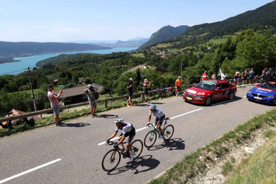 SAINTGERVAIS MONTBLANC FRANCE  JULY 16 LR Julian Alaphilippe of France and Team Soudal  Quick Step and Alexey Lutsenko of Kazakhstan and Astana Qazaqstan Team compete in the breakaway climbing to the Col de la Forclaz de Montmin 1149m during the stage fifteen of the 110th Tour de France 2023 a 179km stage from Les Gets les Portes du Soleil to SaintGervais MontBlanc 1379m  UCIWT  on July 16 2023 in SaintGervais MontBlanc France Photo by Michael SteeleGetty Images