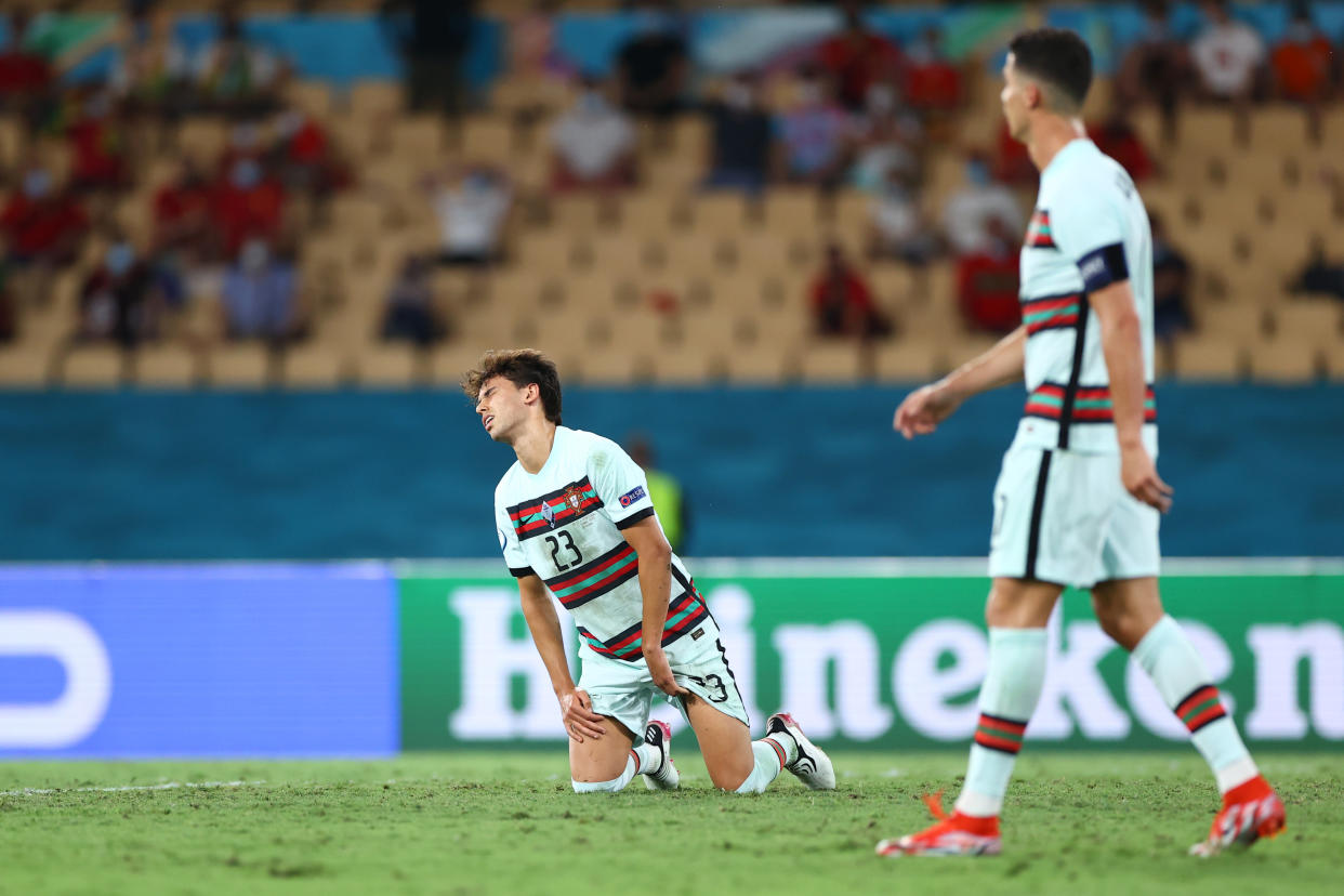 SEVILLE, SPAIN - JUNE 27: Joao Felix of Portugal looks dejected following defeat in the UEFA Euro 2020 Championship Round of 16 match between Belgium and Portugal at Estadio La Cartuja on June 27, 2021 in Seville, Spain. (Photo by Fran Santiago - UEFA/UEFA via Getty Images)