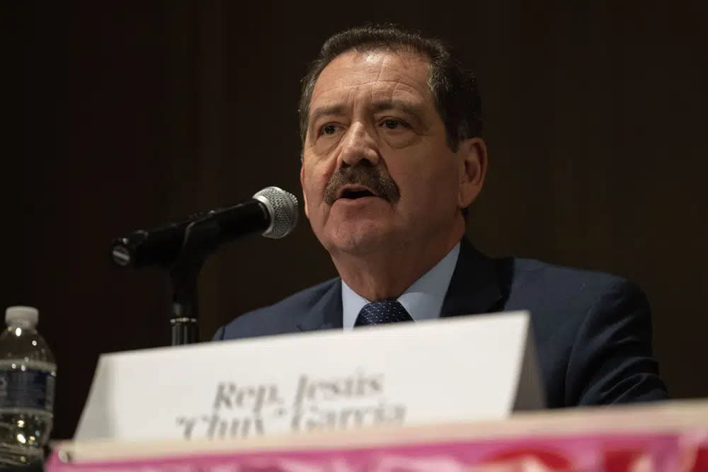 Rep. Chuy Garcia, D-Ill., participates in a forum with other Chicago mayoral candidates hosted by the Chicago Women Take Action Alliance Jan. 14, 2023, at the Chicago Temple in Chicago. (AP Photo/Erin Hooley, File)