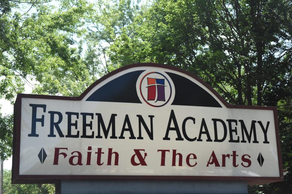 The logo and main sign of the Freeman Academy in Freeman, South Dakota as it stands on Friday, Aug. 25, 2023.