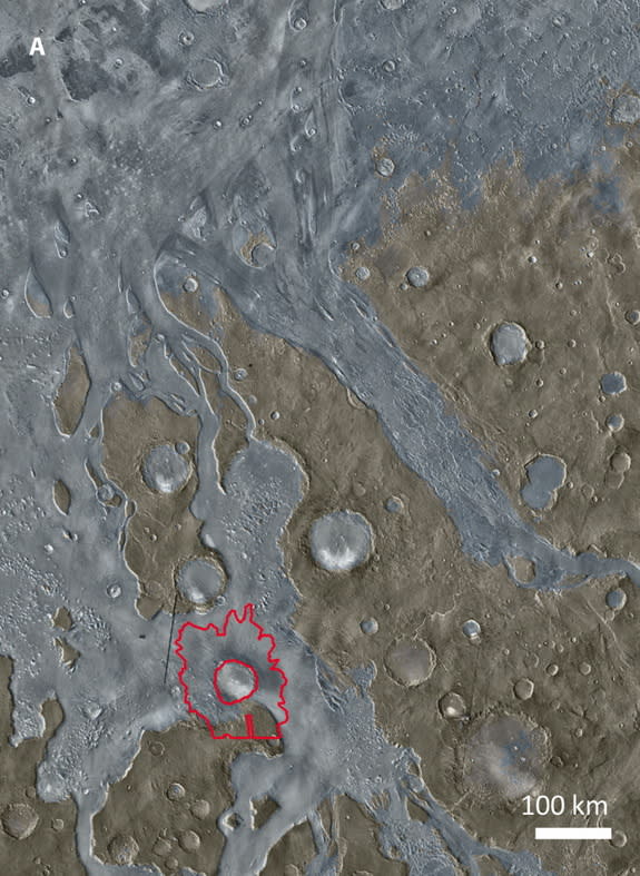 A daytime view of the area surrounding Mojave Crater, shown in a picture taken by Mars Odyssey. Mojave Crater is circled in red. Craters were counted for the plateau units (brown), channel units (blue-grey) and ejecta from Mojave (red line).