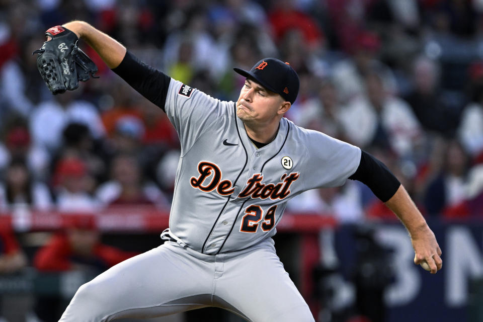 Detroit Tigers starting pitcher Tarik Skubal throws to a Los Angeles Angels batter during the first inning of a baseball game in Anaheim, Calif., Friday, Sept. 15, 2023. (AP Photo/Alex Gallardo)
