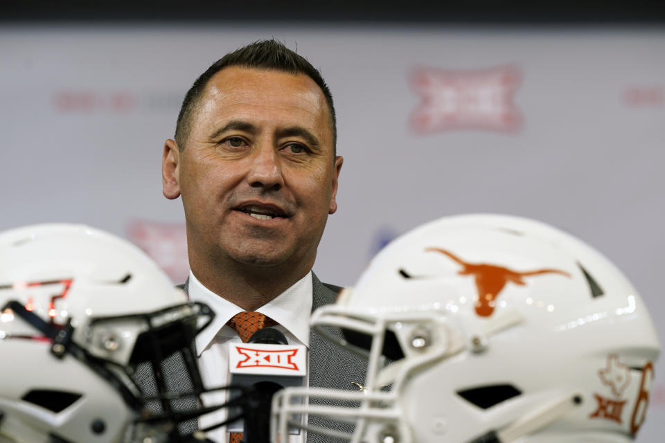 Texas head coach Steve Sarkisian speaks during the NCAA college football Big 12 media days Thursday, July 15, 2021, in Arlington, Texas. (AP Photo/LM Otero)