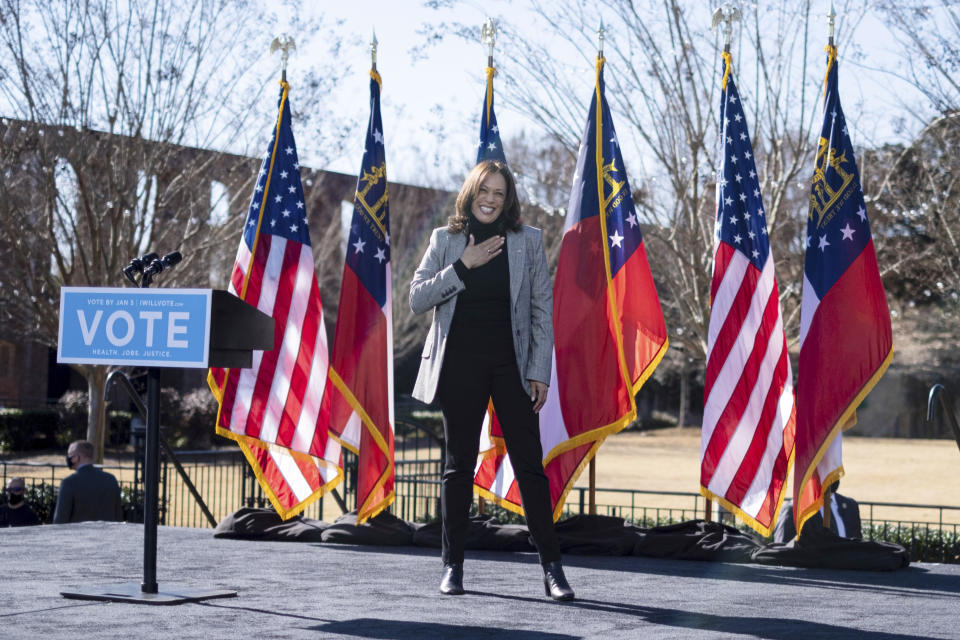 FILE - Vice President-elect Kamala Harris campaigns for Democratic U.S. Senate challengers, Rev. Raphael Warnock and Jon Ossoff, Dec. 21, 2020, in Columbus, Ga. (AP Photo/Ben Gray, File)