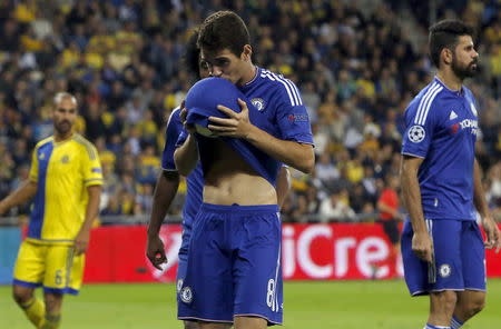 Chelsea's Oscar reacts after scoring a goal against Maccabi Tel Aviv during their Champions League Group G soccer match at Sammy Ofer stadium in Haifa, Israel November 24, 2015. REUTERS/Nir Elias