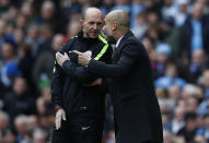 Britain Football Soccer - Manchester City v Chelsea - Premier League - Etihad Stadium - 3/12/16 Manchester City manager Pep Guardiola remonstrates with the fourth official Mike Dean Reuters / Phil Noble Livepic EDITORIAL USE ONLY. No use with unauthorized audio, video, data, fixture lists, club/league logos or "live" services. Online in-match use limited to 45 images, no video emulation. No use in betting, games or single club/league/player publications. Please contact your account representative for further details.