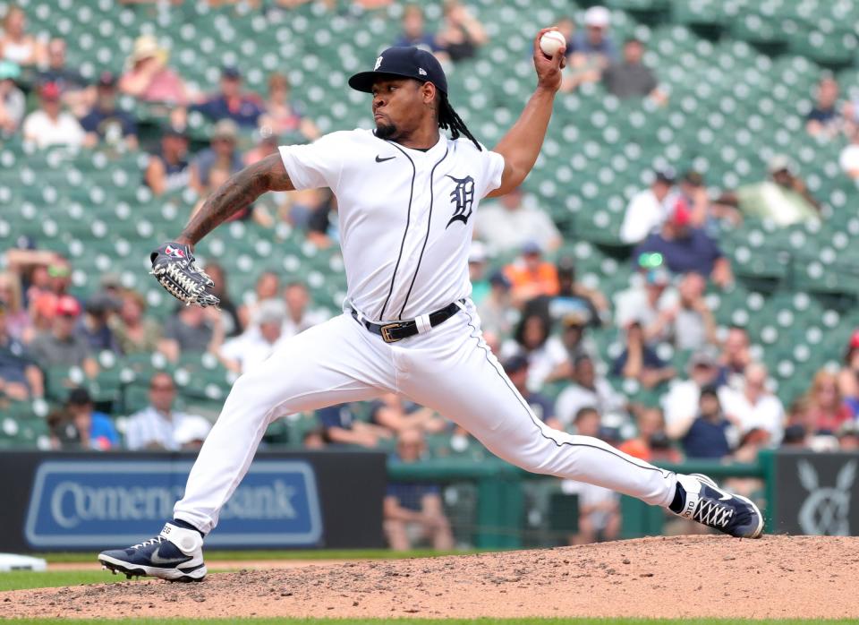 Detroit Tigers reliever Gregory Soto (65) pitches against the Houston Astros during 10th-inning action Sunday, June 27, 2021 at Comerica Park in Detroit.