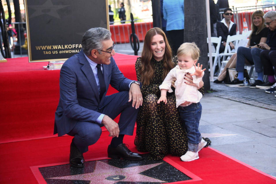 Eugene Levy, Sarah Levy and her son James attend the ceremony honoring Eugene Levy with a Star on the Hollywood Walk of Fame on March 8, 2024, in Hollywood, Calif.<p>Alberto E. Rodriguez/Getty Images</p>