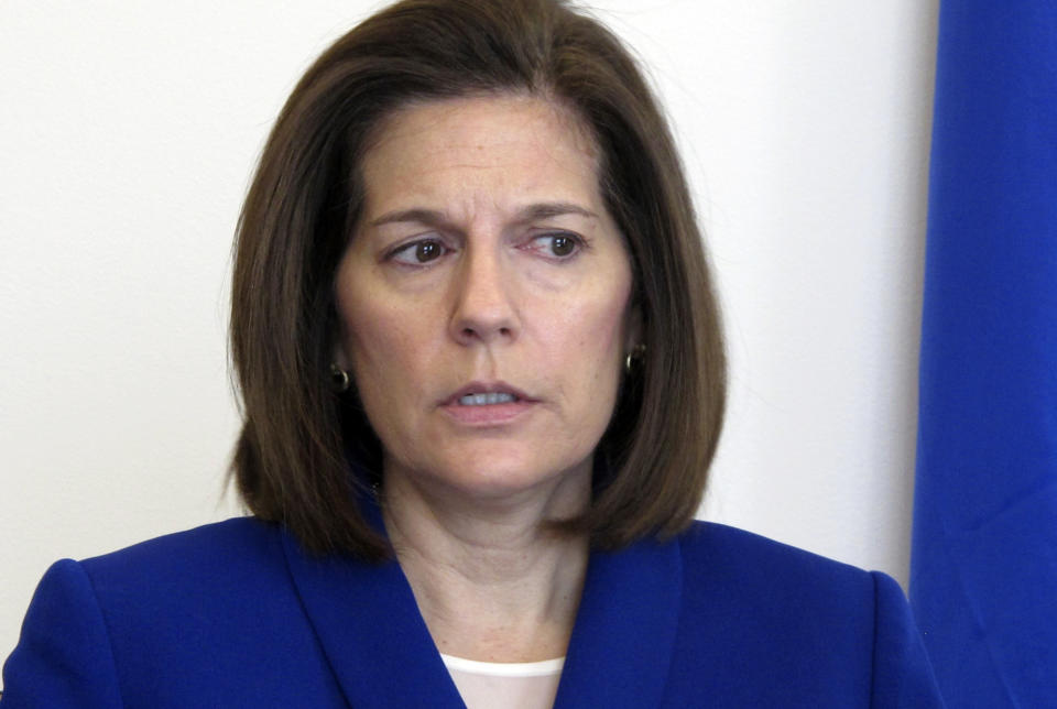 FILE - In this Jan. 11, 2019, file photo, Sen. Catherine Cortez Masto, D-Nev., talks to reporters in her office in Reno, Nev. Democrats hoping to capture Senate control next year face a far more promising map than last year, when they had to defend most of the seats that were in play. “It’s trending in our favor, and I think we’ve got an opportunity to take back the majority in the Senate,” said Cortez Masto. (AP Photo/Scott Sonner, File)