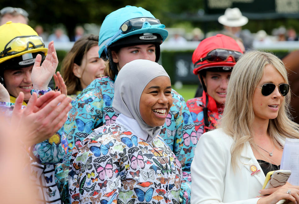 Khadijah Mellah has become the first jockey to win a race wearing a hijab. (Photo by Mark Kerton/PA Images via Getty Images)