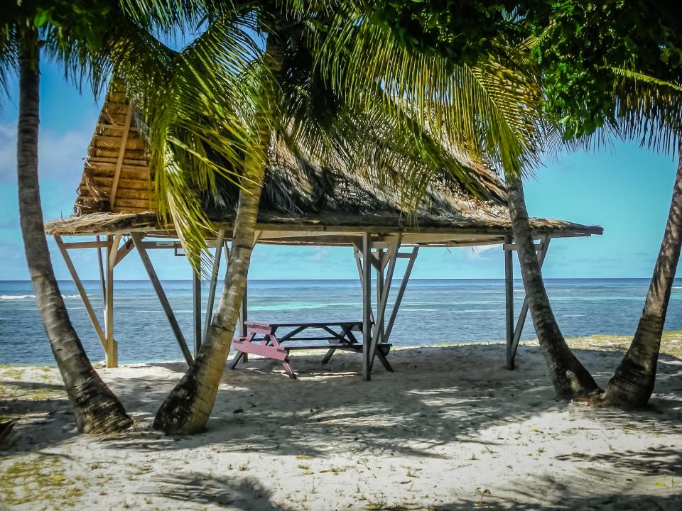 A beach on Mustique with a picnic table and shelter surrounded by palm trees