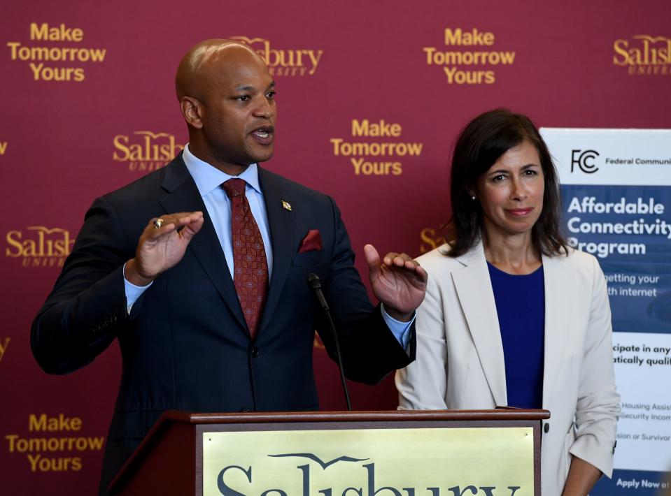 Maryland Governor Wes Moore answers questions on the Affordable Connectivity Program after a training session for the program at Salisbury University Tuesday, Aug. 29, 2023, in Salisbury, Maryland.
