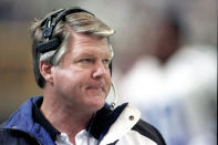 FILE - In this Sunday, Nov. 21, 1993, file photo, Dallas Cowboys head coach Jimmy Johnson watches from the sidelines as the Atlanta Falcons pull out to an early lead at the Georgia Dome in Atlanta. “It’s the people I've been associated with that put me in the Hall of Fame,” Johnson said. (AP Photo/Ric Feld, File)