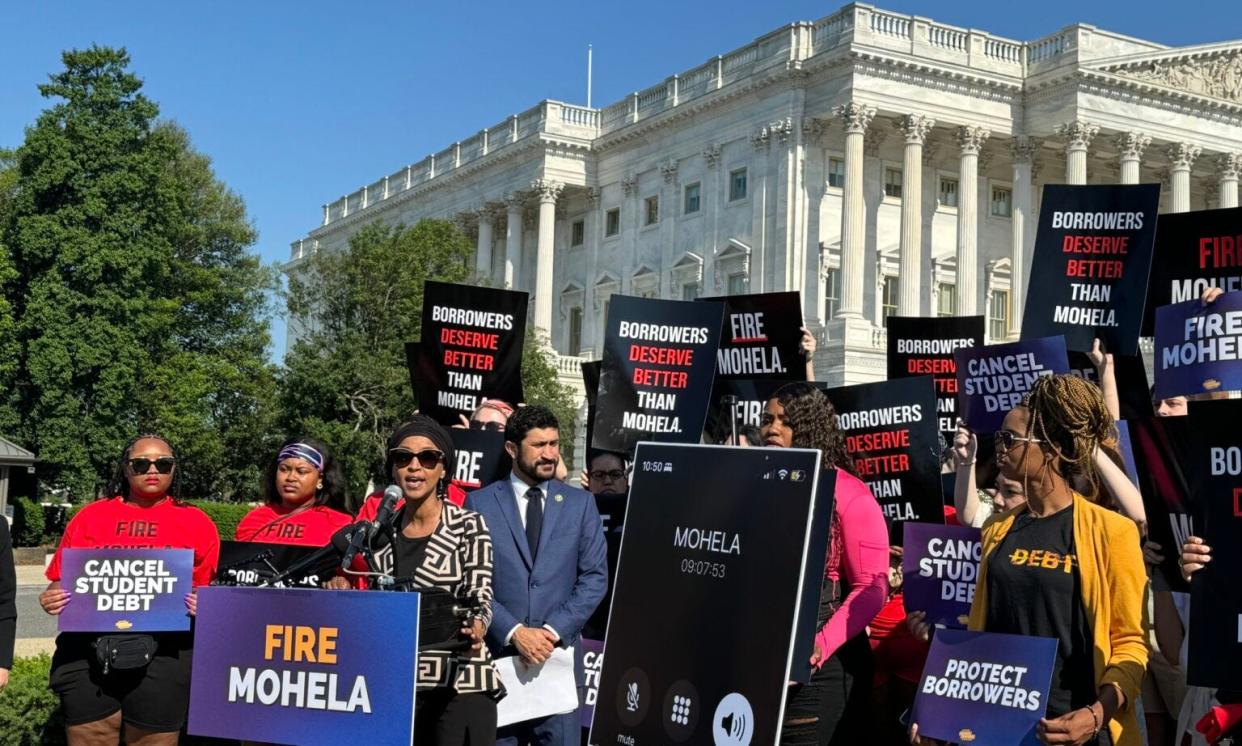 U.S. Rep. Ilhan Omar, a Democrat from Minnesota, calls on the U.S. Education Department to cut ties with Missouri student loan servicer MOHELA on Wednesday, May 22, 2024, outside the U.S. Capitol.