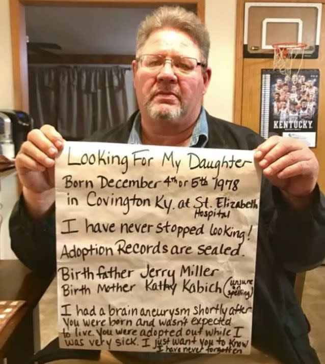 Jerry Miller posted a photo to find a daughter he put up for adoption. Source: Facebook