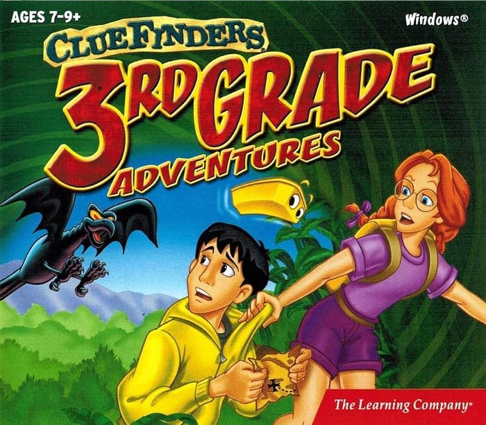 Cover of "ClueFinders 3rd Grade Adventures" game showing two animated characters, one male and one female, with "Mathra" flying above