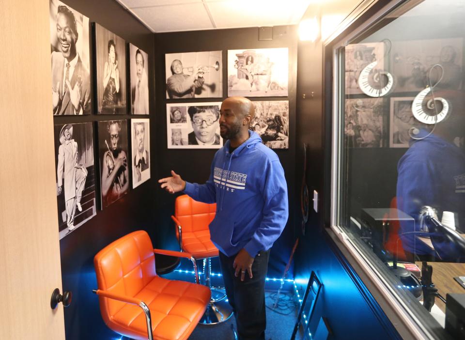 Brian Frazier, 43, a Tennessee State University graduate and resident of South Bend, stands in the sound room Monday, Aug. 28, 2023, at his studio. Frazier is organizing a series of events as the University of Notre Dame plays Tennessee State on Saturday in a matchup of the Fighting Irish and a Historically Black College or University. The events will include a TSU pep rally Friday at Jon R. Hunt Plaza and meetings with high school students and alumni from HBCUs.
