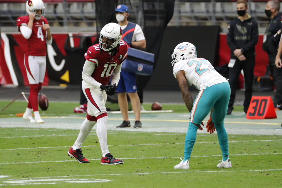 Wide receiver DeAndre Hopkins of the Arizona Cardinals lines up for a play during an NFL game against the Miami Dolphins.