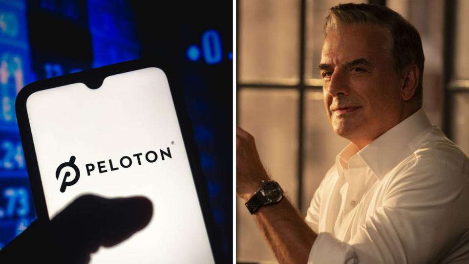 A composite image of the Peloton logo on a phone screen and actor Chris Noth as Mr Big.