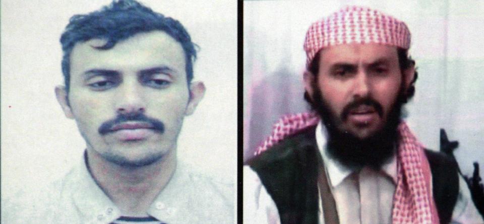 In this file photo reproduction of a combo of two pictures of a suspected military chief of al-Qaeda network in Yemen, identified as Qassem al-Rimi (or Qassim al-Rimi), shows the activist on a Yemeni interior ministry document in two different undated images.