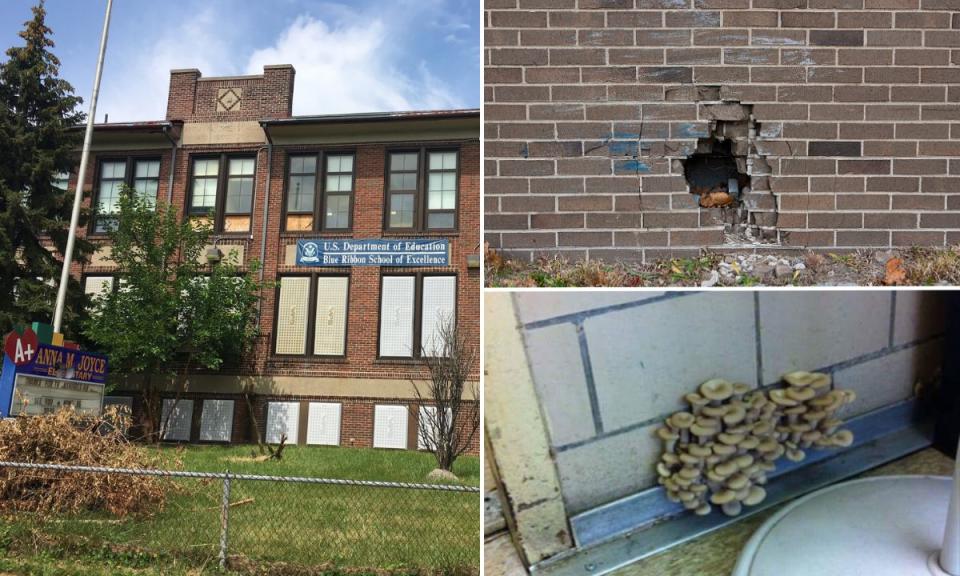 Left: Anna M. Joyce Elementary, now refurbished as Detroit Prep Academy; top right: A hole in the wall of Farwell Middle School in Detroit, which closed in 2012, pictured in 2010; bottom right: An image educators said was taken from inside a Detroit school building that circulated online in 2016. (Twitter and Getty Images)
