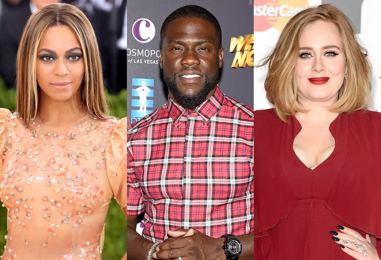 Beyoncé, Kevin Hart, and Adele are all striking a pose. (Photo: Getty Images)