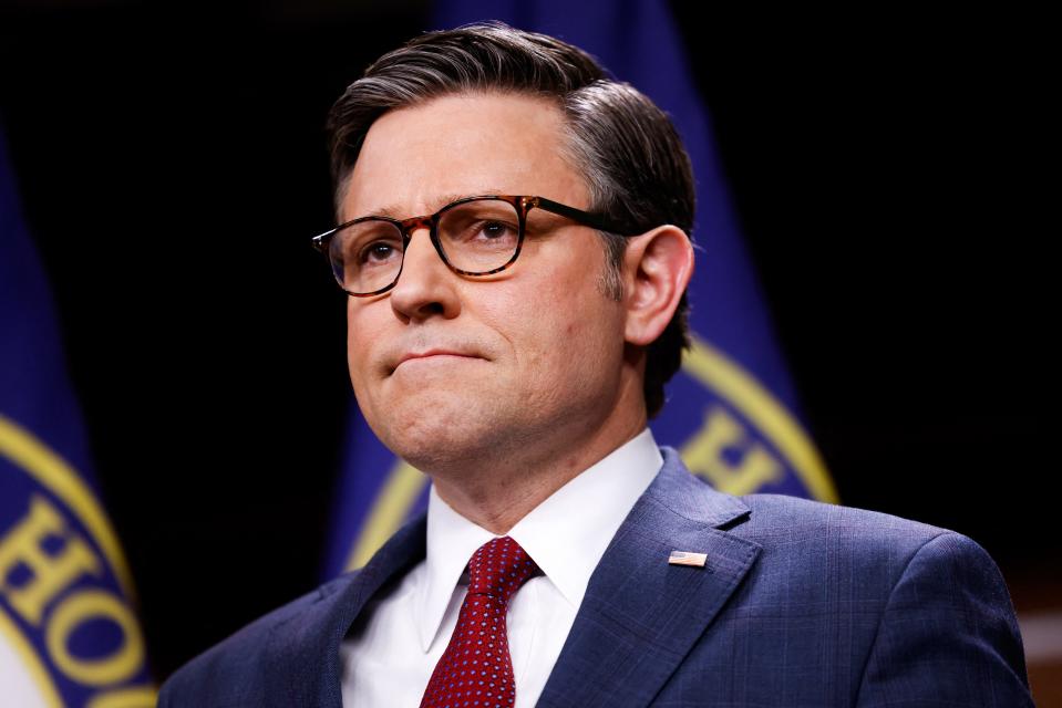 US speaker of the House Mike Johnson attends a news conference at the US Capitol in Washington, DC, on April 16, 2024.