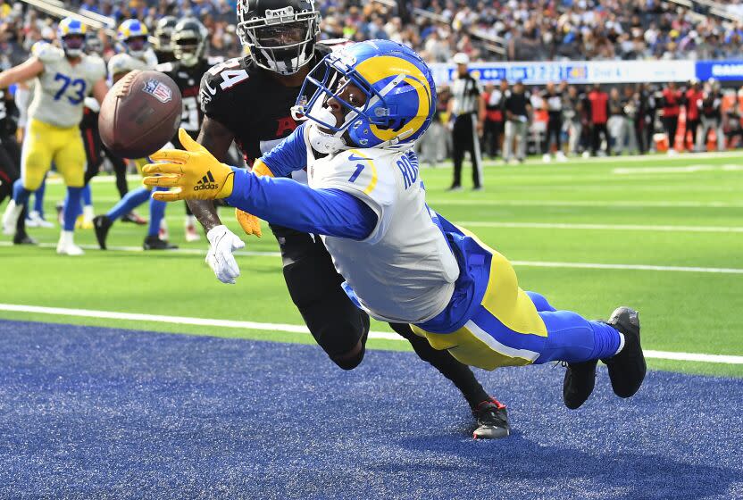 Inglewood, California September 18, 2022-Rams receiver Allen Robinson dives but can't make the catch in the end zone in front of Falcons cornerback Darren Hall in the fourth quarter at SoFi Stadium Sunday.(Wally Skalij/Los Angeles Times)
