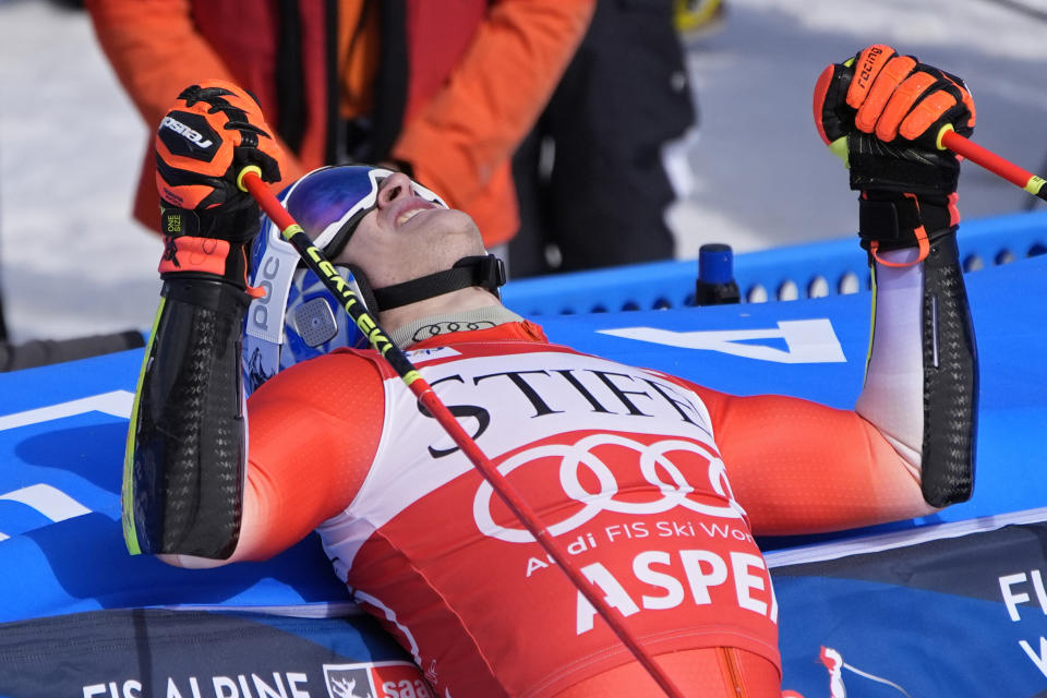 Switzerland's Marco Odermatt celebrates after his run during a men's World Cup giant slalom skiing race Saturday, March 2, 2024, in Aspen, Colo. (AP Photo/John Locher)