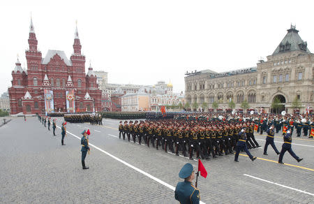 Russian servicemen march during the Victory Day parade, which marks the anniversary of the victory over Nazi Germany in World War Two, in Red Square in central Moscow, Russia May 9, 2019. REUTERS/Maxim Shemetov