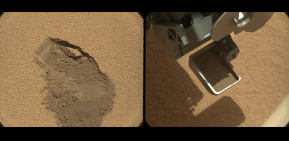 This pairing documents the first time that NASA's Mars rover Curiosity collected a scoop of Mars soil. It combines two raw images taken on Oct. 7, 2012, by the rover's Mast Camera.