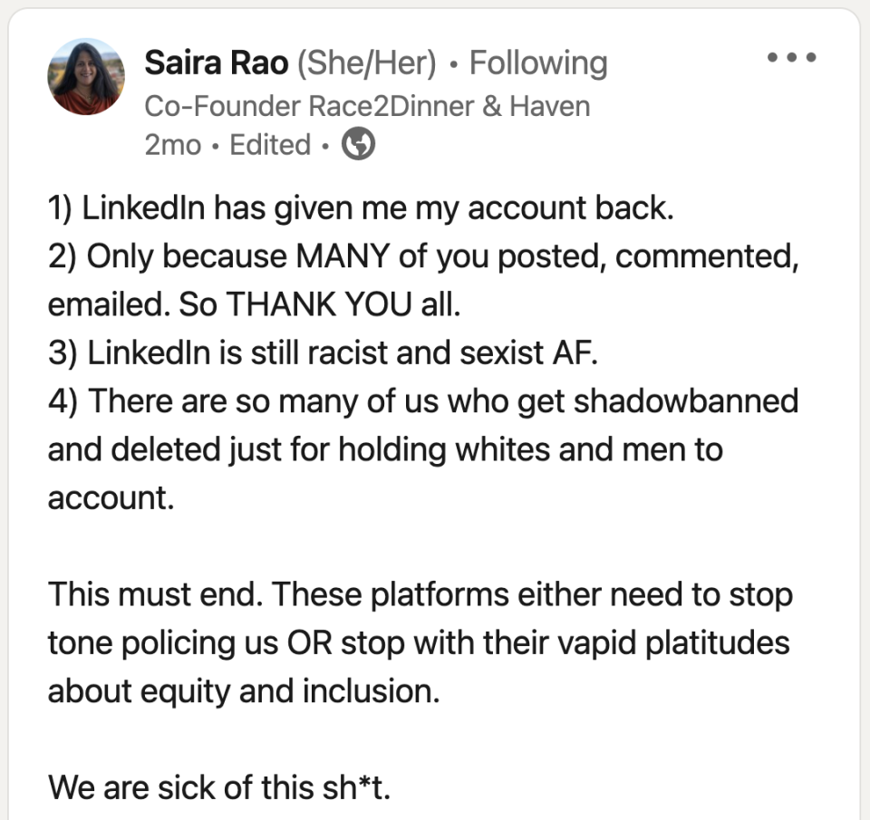 Saira's LinkedIn post after getting her account reinstated